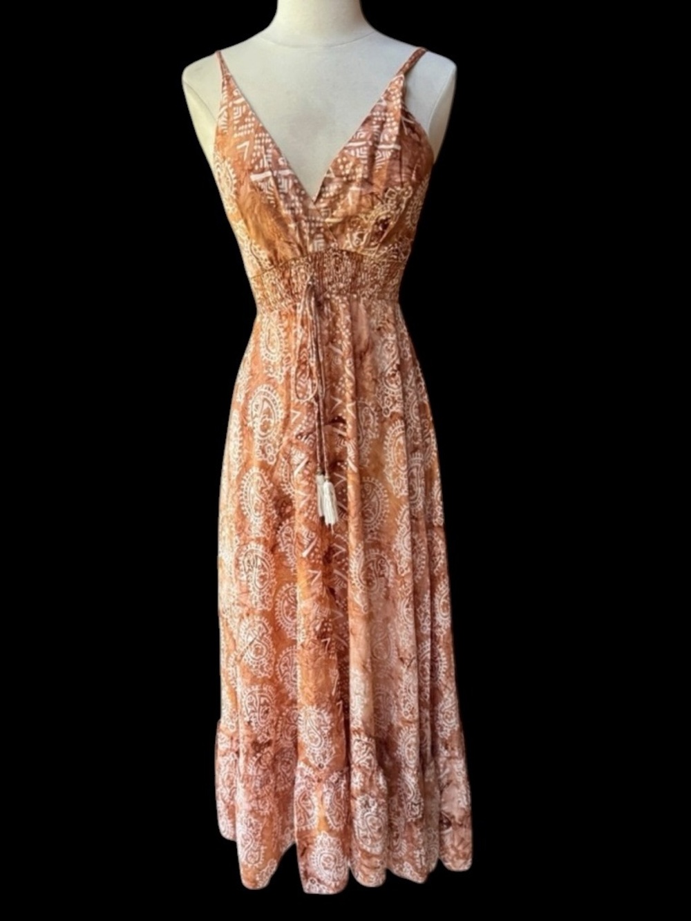 Mandala by Mallorca, Made‎ in India, Marron 100% Silk 2594 Andrea Midi Dress